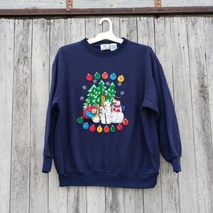 Vintage Nutcracker Sweatshirt Womens Sz L Blue Christmas Snowman Happy Holidays